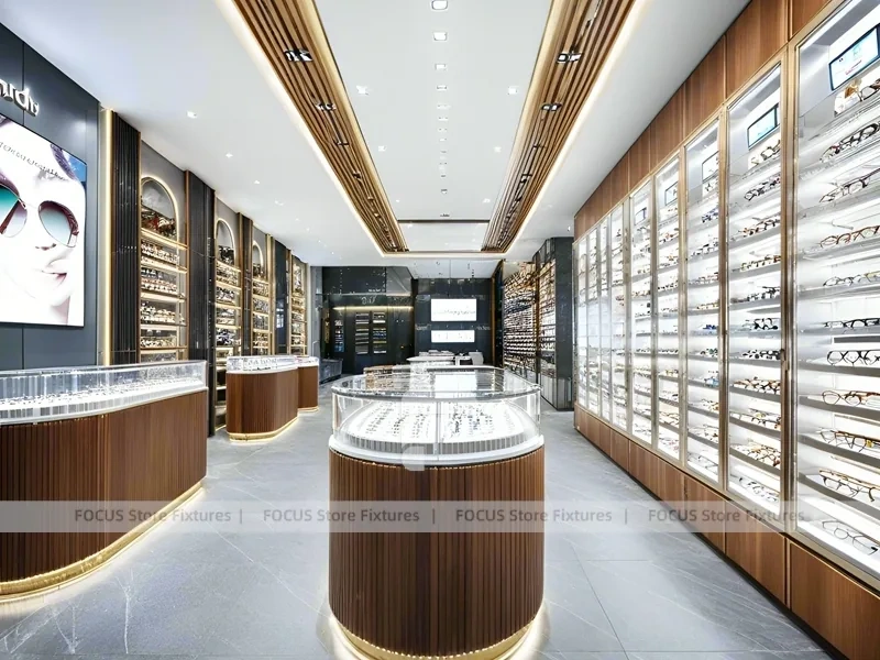 Woodgrain Optical Flagship Display with LED Edge Counter