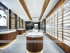 Woodgrain Optical Flagship Display with LED Edge Counter