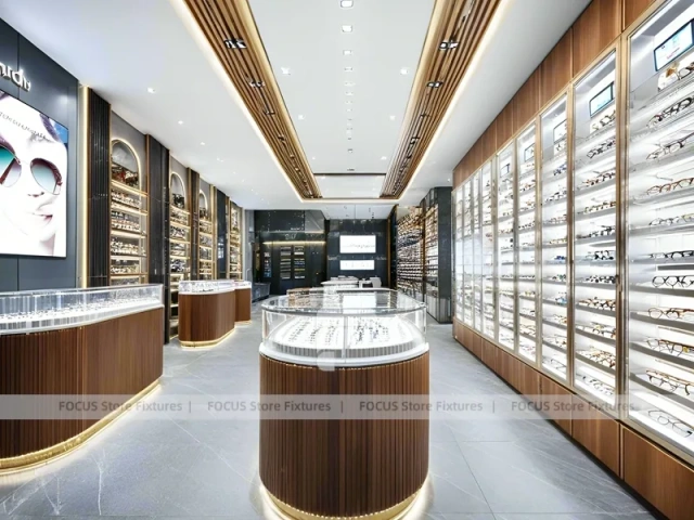 Woodgrain Optical Flagship Display with LED Edge Counter