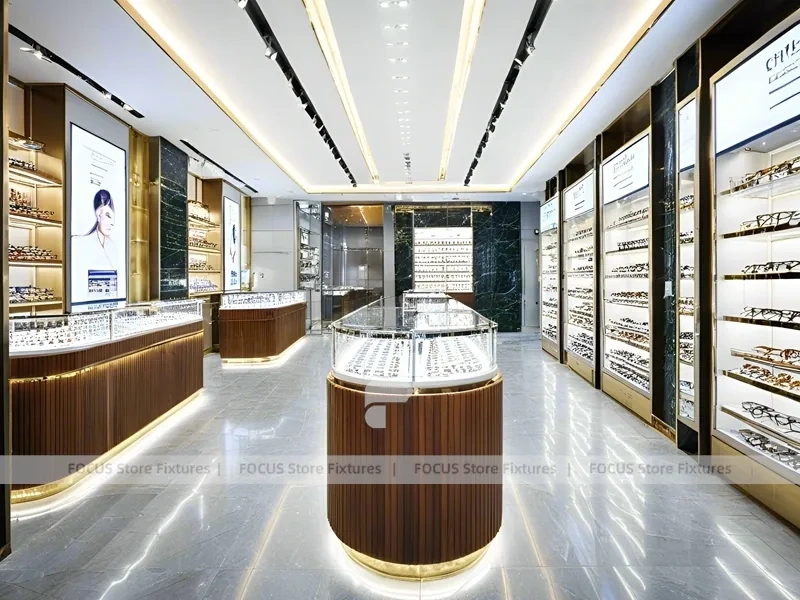 Woodgrain Optical Flagship Display with LED Edge Counter