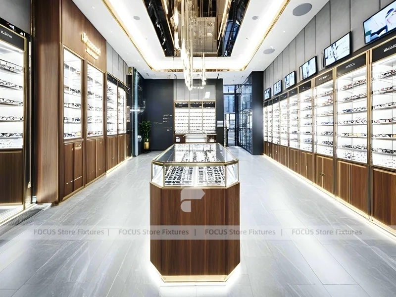 Woodgrain Optical Flagship Display with LED Edge Counter