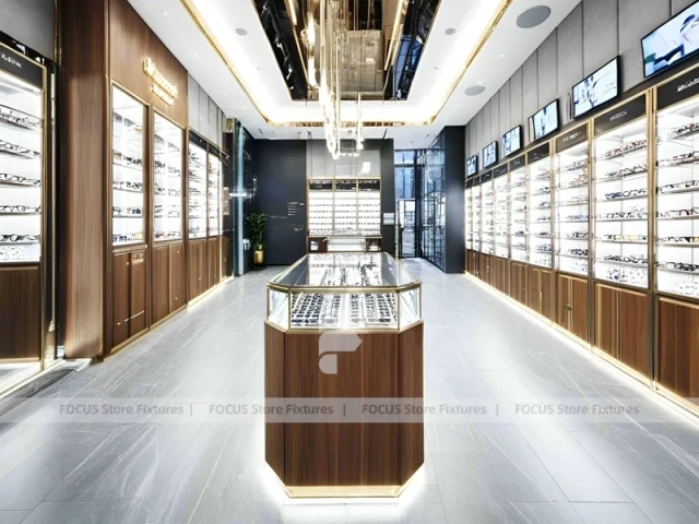 Woodgrain Optical Flagship Display with LED Edge Counter