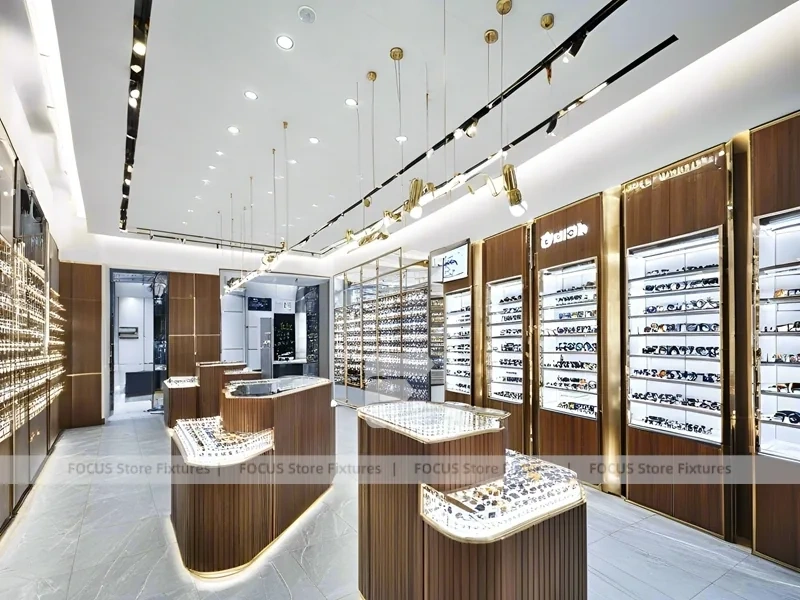Woodgrain Optical Flagship Display with LED Edge Counter