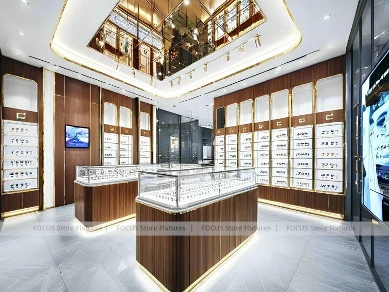 Woodgrain Optical Flagship Display with LED Edge Counter