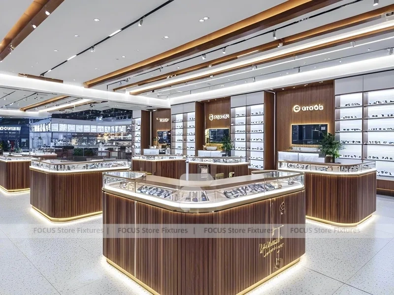 Woodgrain Optical Flagship Display with Multi-Island Merchandising