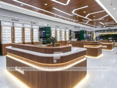 Woodgrain Optical Flagship Display with Multi-Island Merchandising