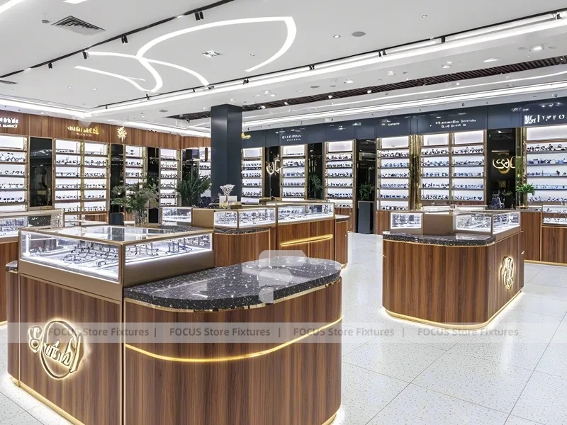 Woodgrain Optical Flagship Display with Multi-Island Merchandising
