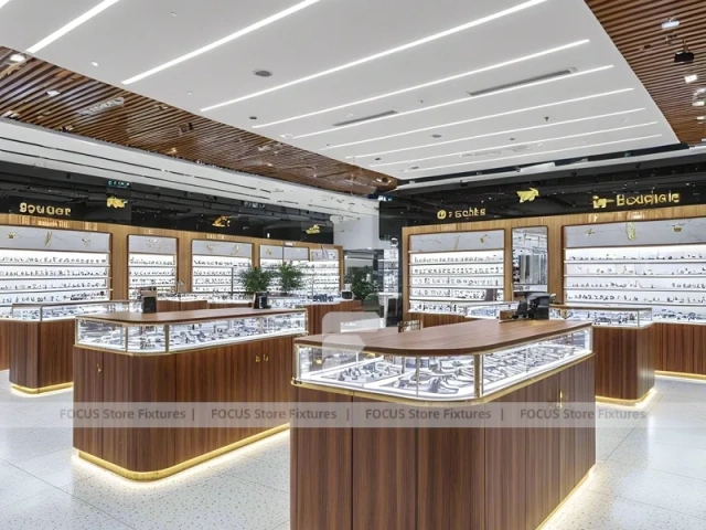 Woodgrain Optical Flagship Display with Multi-Island Merchandising
