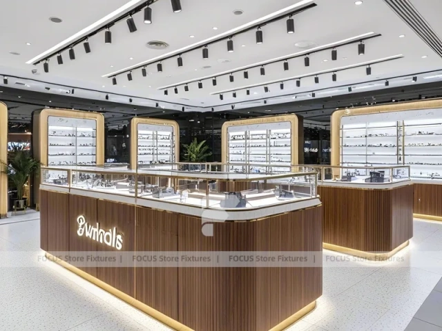 Woodgrain Optical Flagship Display with Multi-Island Merchandising