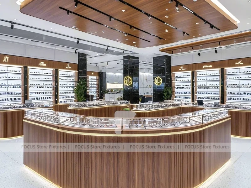 Woodgrain Optical Flagship Display with Multi-Island Merchandising