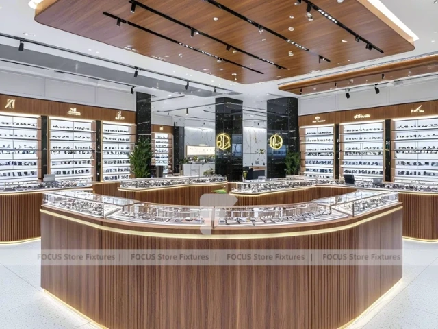 Woodgrain Optical Flagship Display with Multi-Island Merchandising