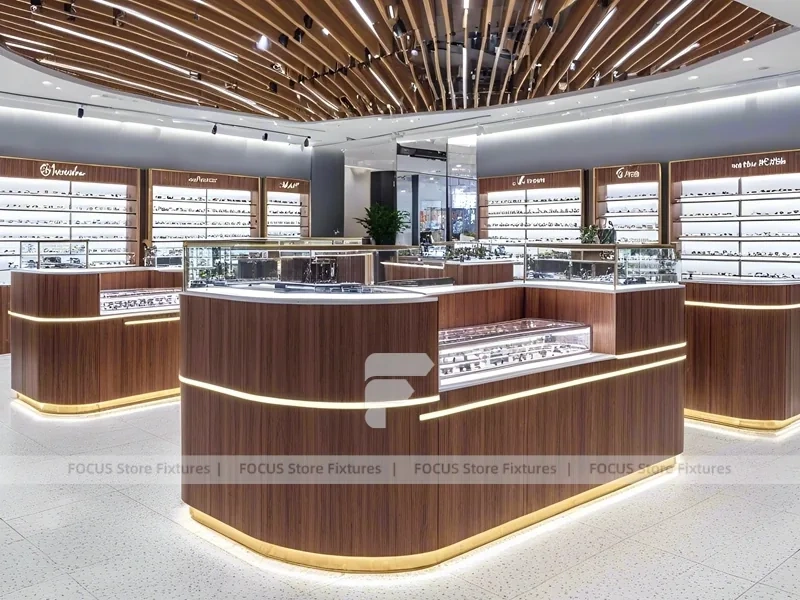 Woodgrain Optical Flagship Display with Wide-Aisle Showcase Plan
