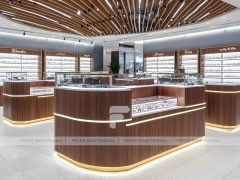 Woodgrain Optical Flagship Display with Wide-Aisle Showcase Plan