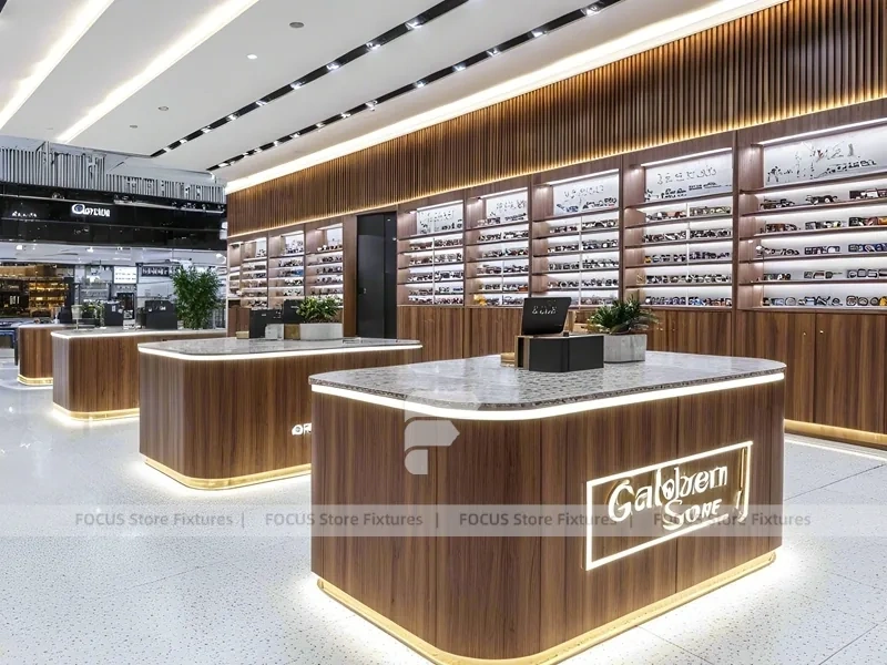 Woodgrain Optical Flagship Display with Wide-Aisle Showcase Plan