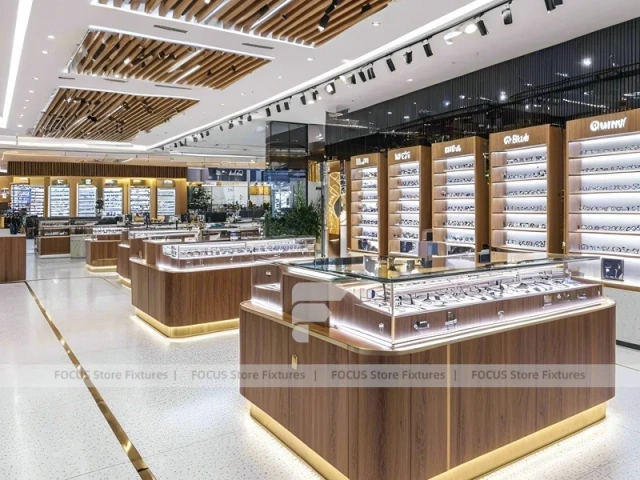 Woodgrain Optical Flagship Display with Wide-Aisle Showcase Plan