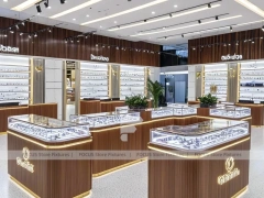 Woodgrain Optical Flagship Display with Wide-Aisle Showcase Plan