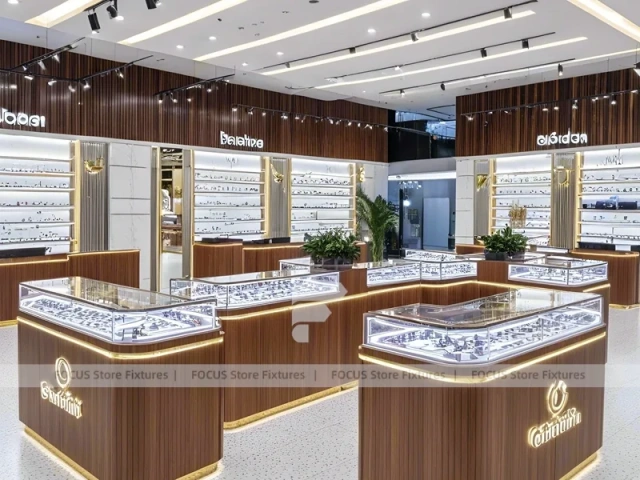 Woodgrain Optical Flagship Display with Wide-Aisle Showcase Plan