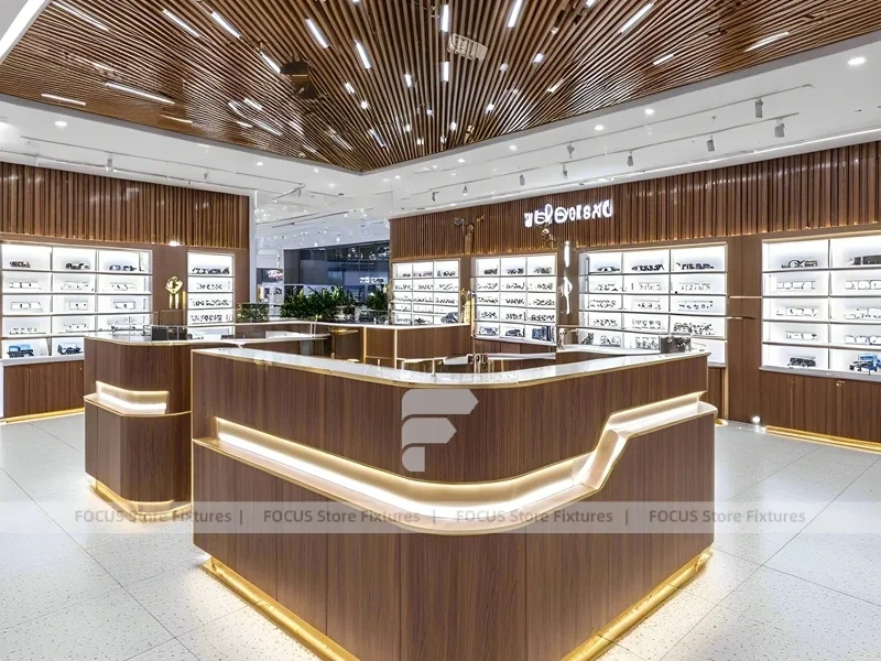 Woodgrain Optical Flagship Display with Wide-Aisle Showcase Plan