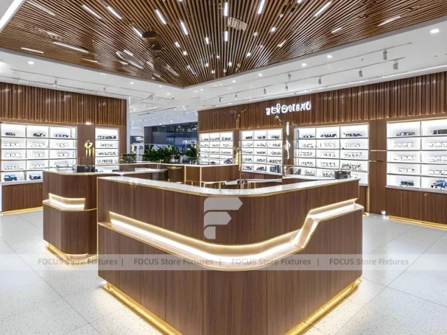 Woodgrain Optical Flagship Display with Wide-Aisle Showcase Plan