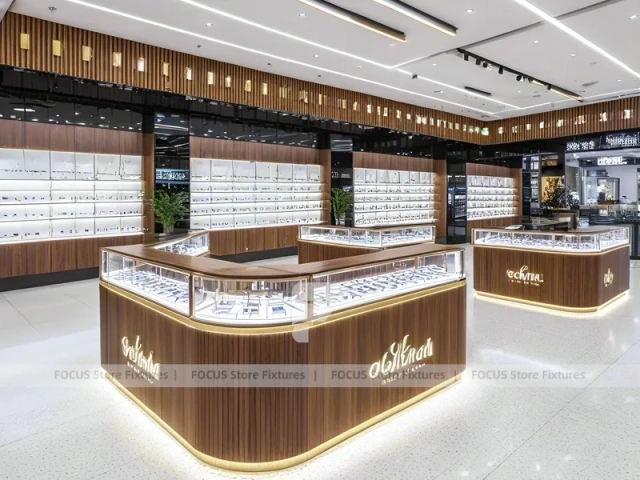 Woodgrain Optical Flagship Display with Wide-Aisle Showcase Plan