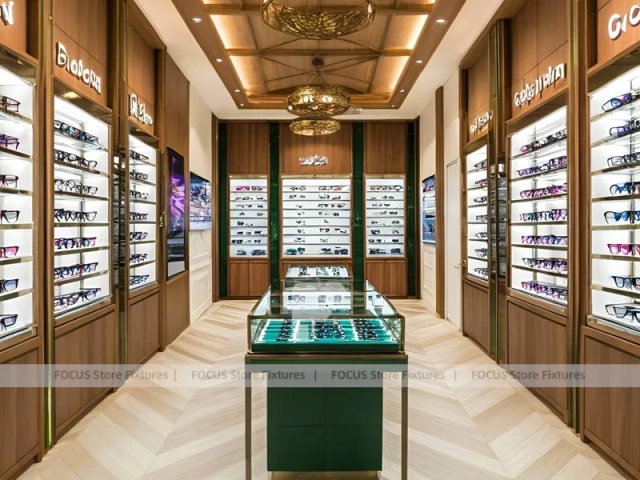 Woodgrain Optical Gallery Interior with Boutique Centerpiece Counter