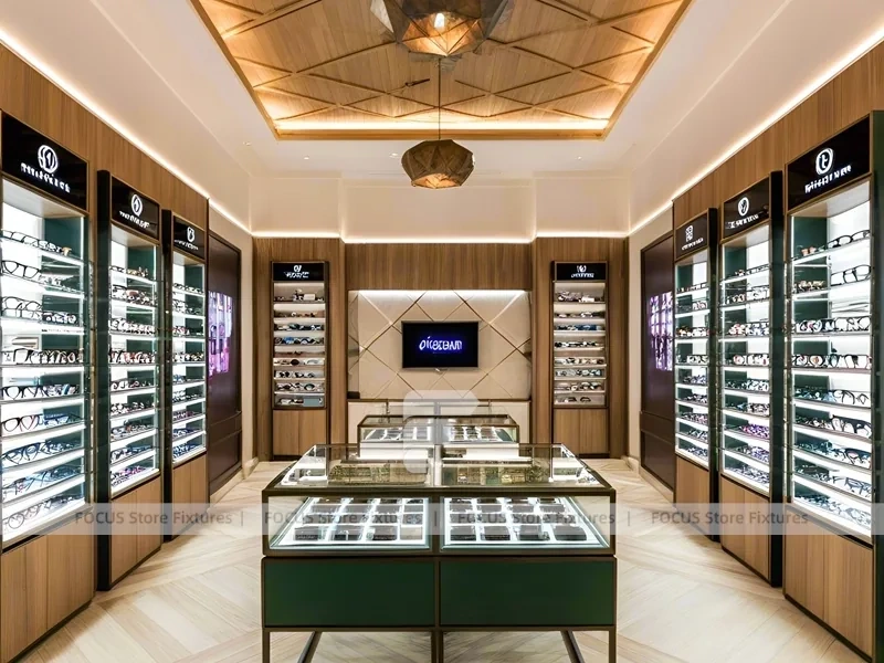 Woodgrain Optical Gallery Interior with Boutique Centerpiece Counter