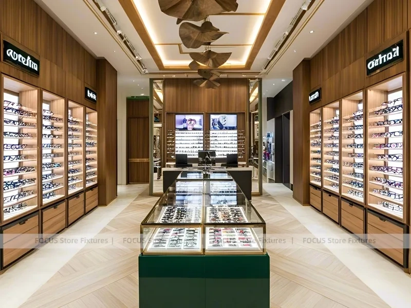 Woodgrain Optical Gallery Interior with Boutique Centerpiece Counter