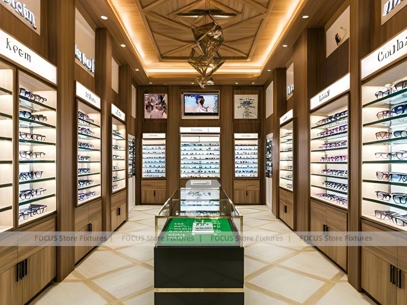 Woodgrain Optical Gallery Interior with Layered Wall Shelving