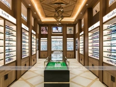 Woodgrain Optical Gallery Interior with Layered Wall Shelving