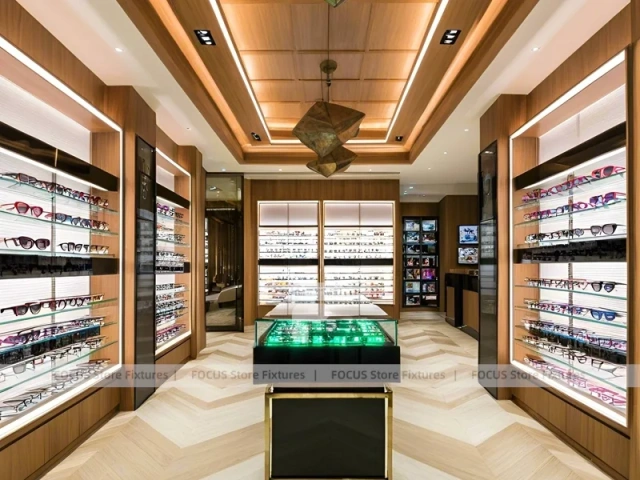 Woodgrain Optical Gallery Interior with Layered Wall Shelving