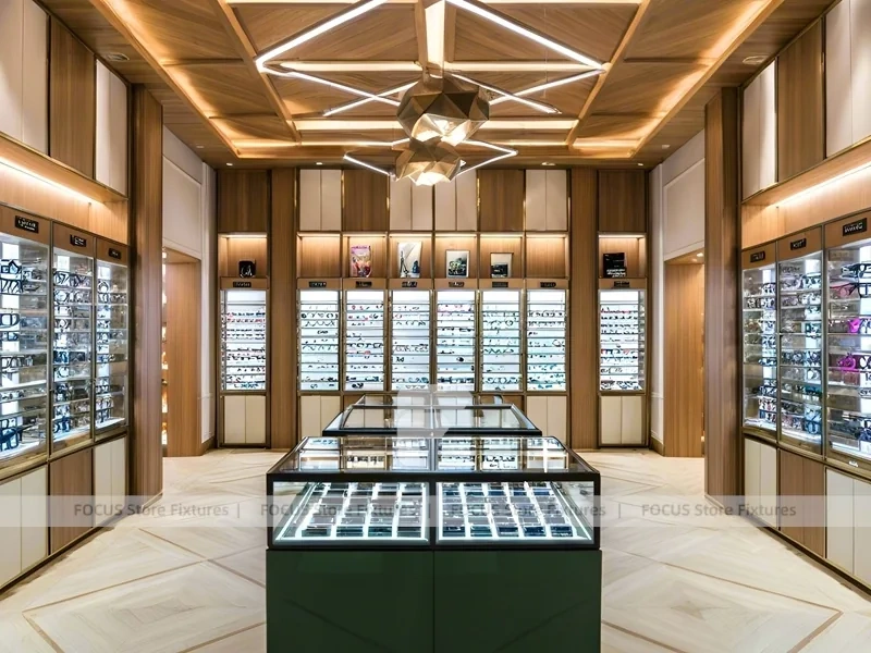 Woodgrain Optical Gallery Interior with Layered Wall Shelving