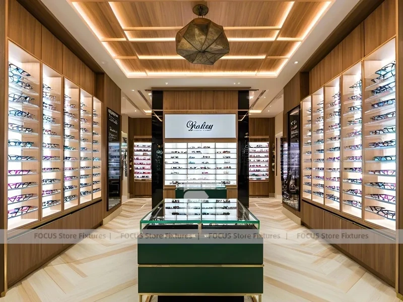 Woodgrain Optical Gallery Interior with Layered Wall Shelving