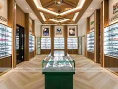 Woodgrain Optical Gallery Interior with Layered Wall Shelving