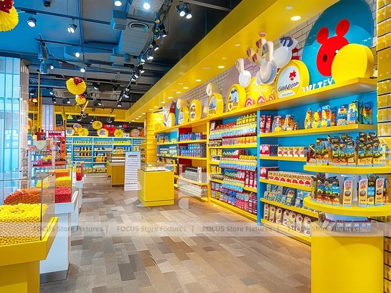 Yellow Blue Confectionery Display Store with Playful Ceiling Discs