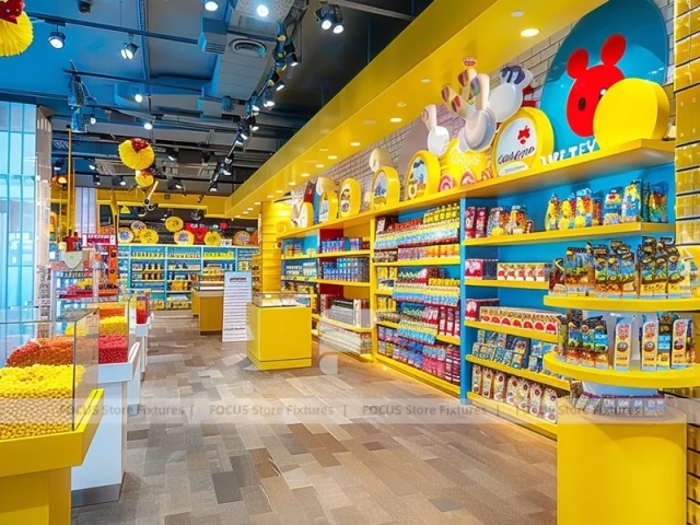 Yellow Blue Confectionery Display Store with Playful Ceiling Discs