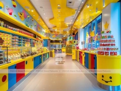 Yellow Blue Confectionery Display Store with Playful Ceiling Discs