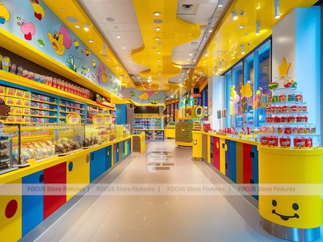 Yellow Blue Confectionery Display Store with Playful Ceiling Discs