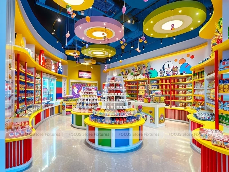 Yellow Blue Confectionery Display Store with Playful Ceiling Discs