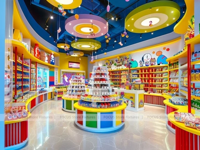 Yellow Blue Confectionery Display Store with Playful Ceiling Discs