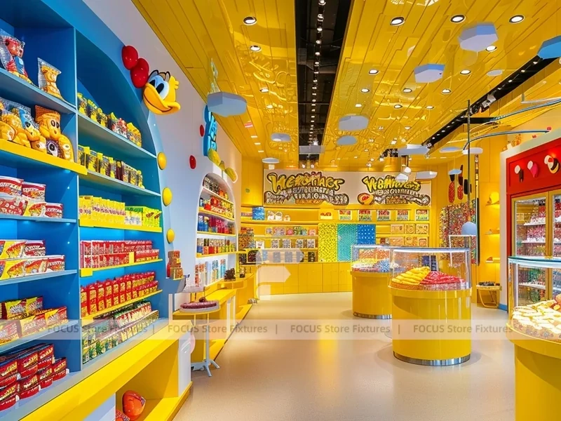 Yellow Blue Confectionery Display Store with Playful Ceiling Discs