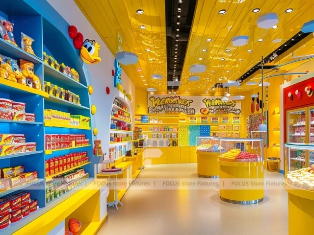 Yellow Blue Confectionery Display Store with Playful Ceiling Discs