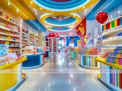 Yellow Blue Confectionery Display Store with Playful Ceiling Discs