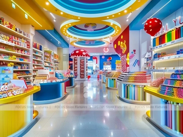 Yellow Blue Confectionery Display Store with Playful Ceiling Discs