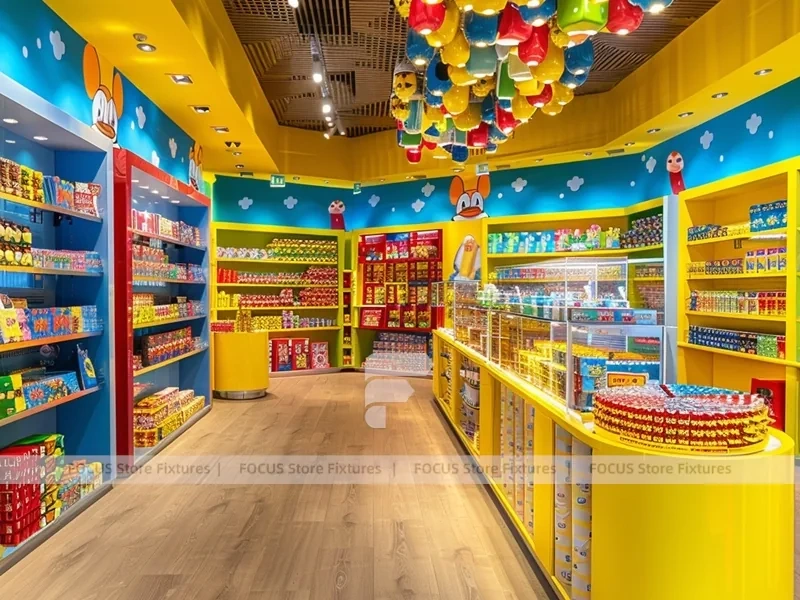 Yellow Blue Confectionery Display Store with Playful Ceiling Discs