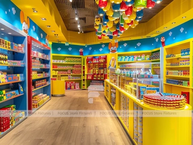 Yellow Blue Confectionery Display Store with Playful Ceiling Discs