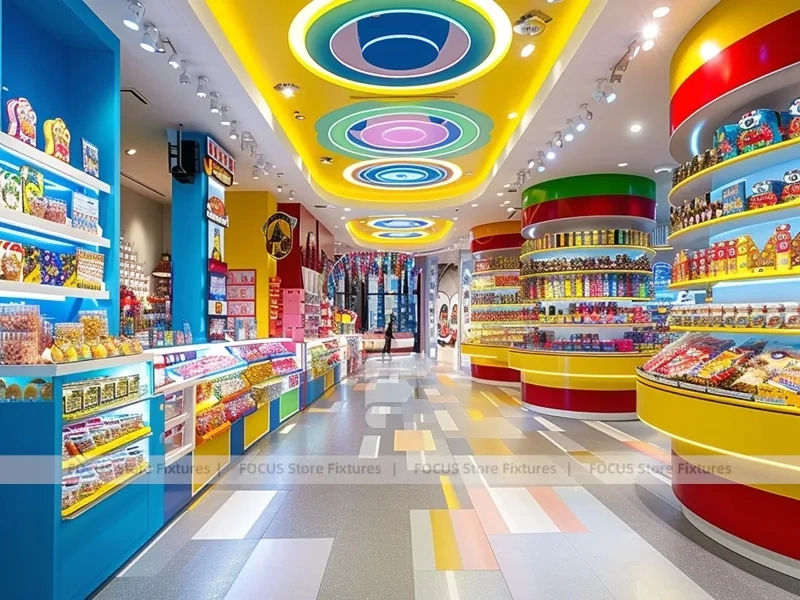 Yellow Blue with Playful Ceiling Discs Confectionery Display Store