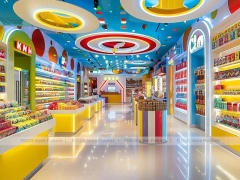 Yellow Blue with Playful Ceiling Discs Confectionery Display Store