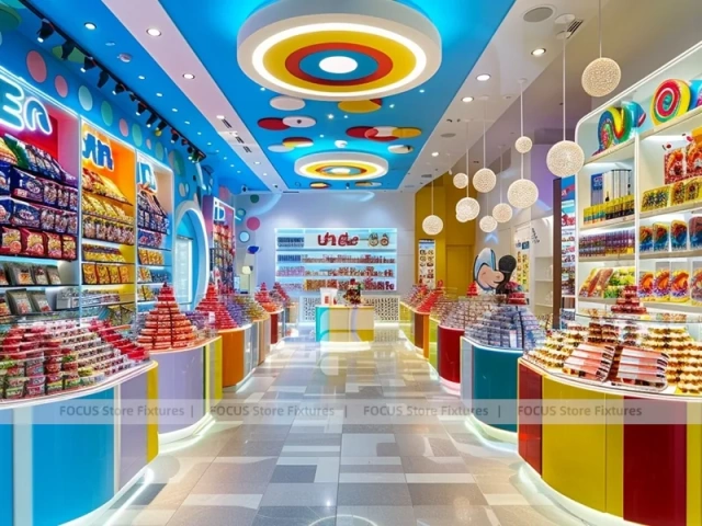 Yellow Blue with Playful Ceiling Discs Confectionery Display Store