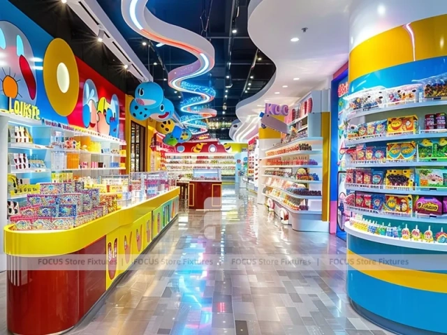 Yellow Blue with Playful Ceiling Discs Confectionery Display Store