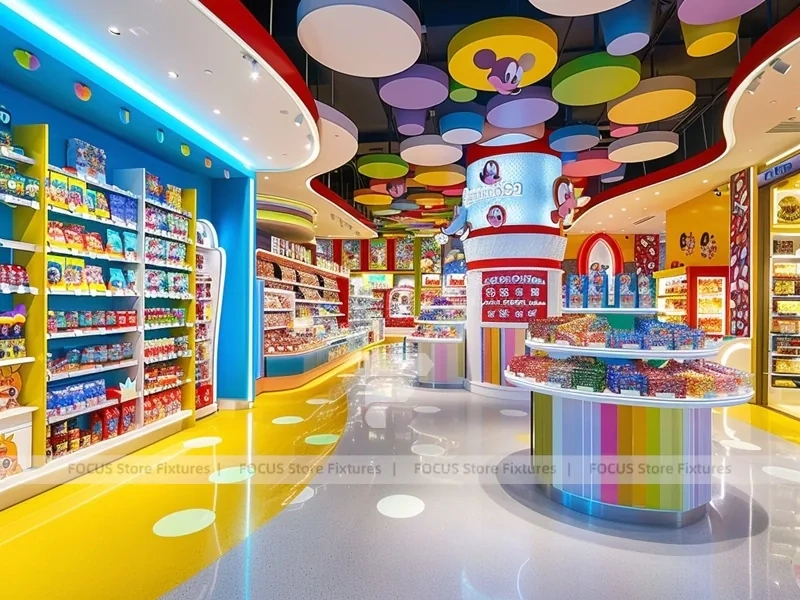 Yellow Blue with Playful Ceiling Discs Confectionery Display Store